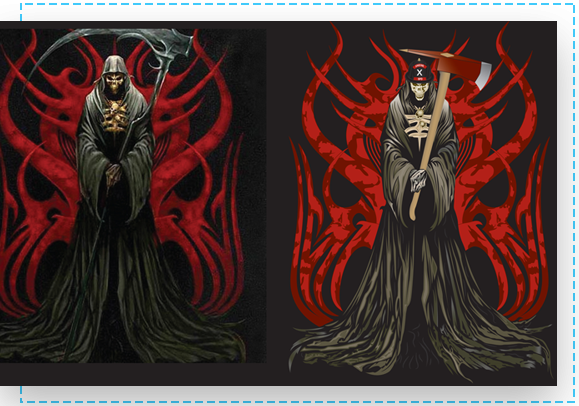 Grim reaper artwork shown in two versions, an example of our redesign work